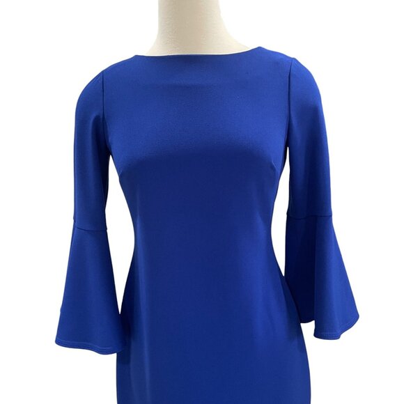 Calvin Klein Blue Bell Sleeve Sheath Dress Size 6 Stretch Midi Work Party - Picture 5 of 11
